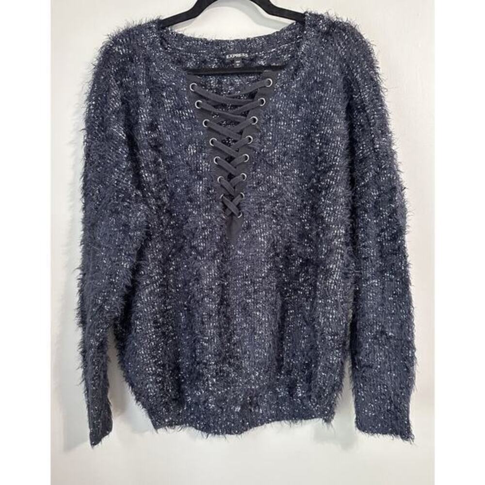 Express Blue Marl Eyelash Lace Up Neck Large Long Sleeve Sweater Super Soft